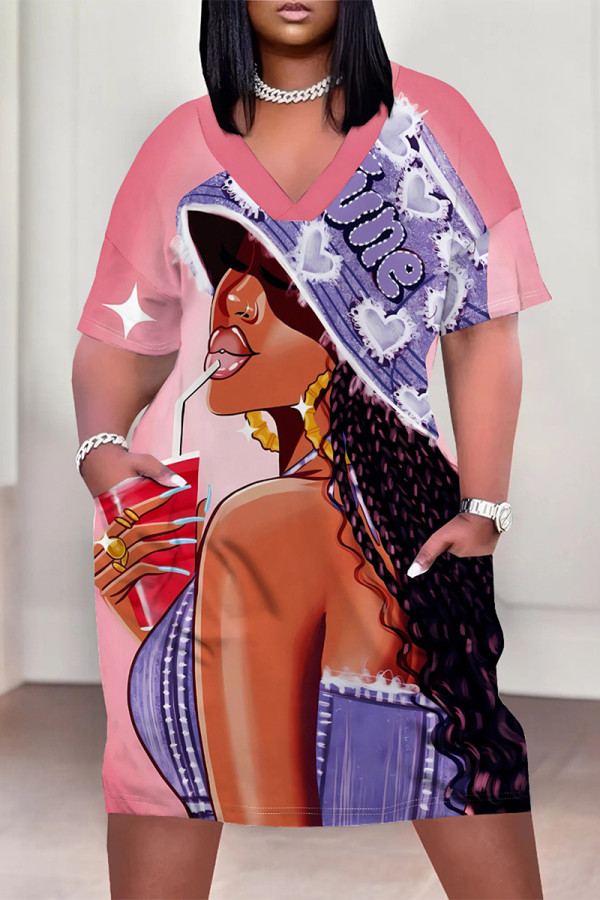 Pink Casual Street Cartoon Print Pocket Contrast V Neck Printed Plus Size Dresses