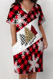 Leopard Print Casual Party Plaid Leopard Print Snowflakes Christmas Tree Print Pocket Contrast V Neck Printed Plus Size Dresses