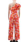 Tangerine Red Casual Print Patchwork Ruffled Trim Oblique Collar Loose Jumpsuits