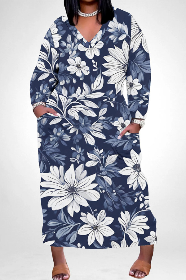 Deep Blue Casual Street Floral Print Pocket Contrast V Neck Printed Plus Size Dresses