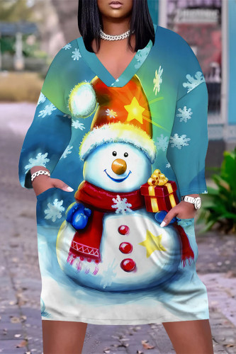 Blue Casual Party Santa Claus Snowman Print Cartoon Print Pocket Contrast V Neck Printed Plus Size Dresses