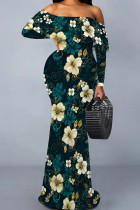 Ink Green Casual Print Patchwork Backless Off Shoulder Long Dresses