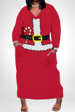 White Red Casual Party Santa Claus Print Pocket Contrast V Neck Plus Size Dresses