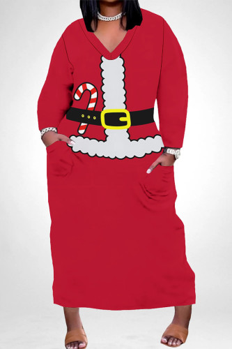 Deep Red Casual Party Santa Claus Print Pocket Contrast V Neck Plus Size Dresses