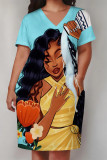 Pink Casual Street Cartoon Print Pocket Contrast V Neck Printed Plus Size Dresses