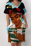 Pink Casual Street Cartoon Print Pocket Contrast V Neck Printed Plus Size Dresses