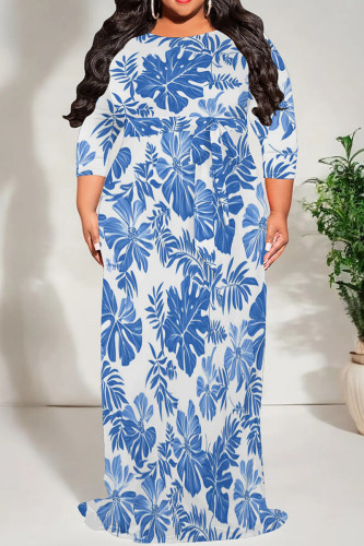 White Blue Casual Print Patchwork Strap Design O Neck Long Plus Size Dresses