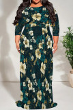 Dark Blue Casual Print Patchwork Strap Design O Neck Long Plus Size Dresses