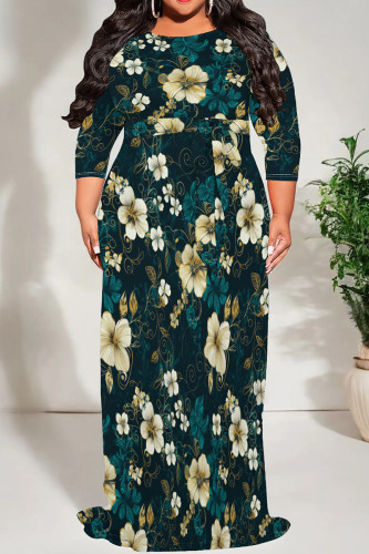 Ink Green Casual Print Patchwork Strap Design O Neck Long Plus Size Dresses