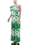 Green Casual Print Patchwork Backless Ruffled Trim Oblique Collar Loose Jumpsuits