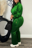 Green Casual Solid Color Patchwork Zipper Collar Long Sleeve Two Pieces