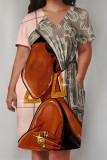 Pink Casual Street Cartoon Print Pocket Contrast V Neck Printed Plus Size Dresses