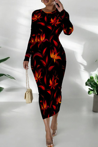 Black Red Casual Print Patchwork O Neck Wrapped Skirt Dresses