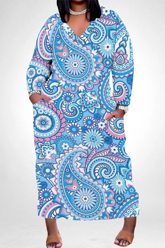 Sky Blue Casual Street Floral Print Pocket Contrast V Neck Printed Plus Size Dresses