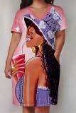 Pink Casual Street Cartoon Print Pocket Contrast V Neck Printed Plus Size Dresses