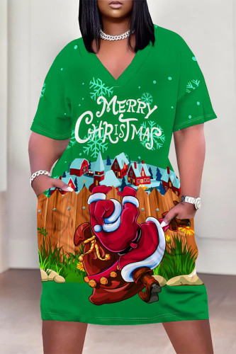 Green Casual Party Plaid Leopard Print Snowflakes Christmas Tree Print Pocket Contrast V Neck Printed Plus Size Dresses