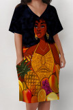 Pink Casual Street Cartoon Print Pocket Contrast V Neck Printed Plus Size Dresses