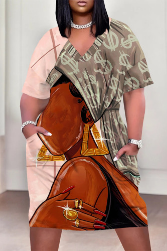 Peach Casual Street Cartoon Print Pocket Contrast V Neck Printed Plus Size Dresses