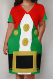 White Red Casual Party Wapiti Santa Claus Print Pocket Contrast V Neck Printed Plus Size Dresses