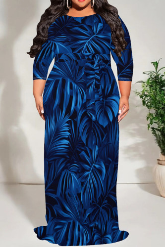 Dark Blue Casual Print Patchwork Strap Design O Neck Long Plus Size Dresses