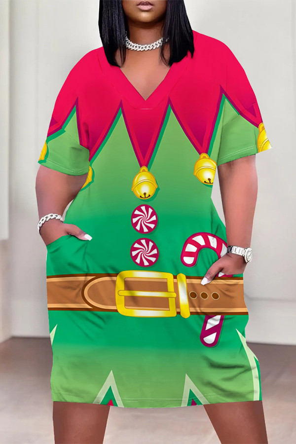 Red Green Casual Party Wapiti Santa Claus Print Pocket Contrast V Neck Printed Plus Size Dresses