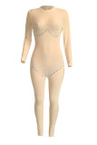 Cream White Sexy Hot Patchwork Hot Drilling See-Through Half A Turtleneck Skinny Jumpsuits