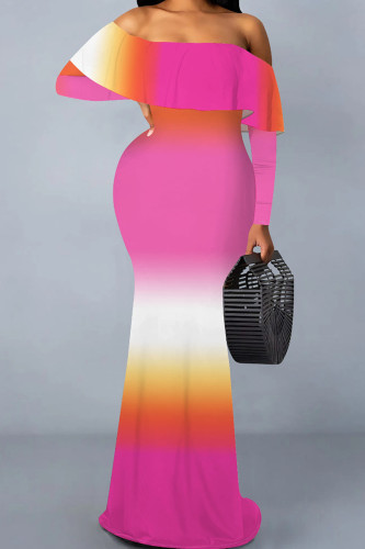 Powder White Casual Print Patchwork Backless Off Shoulder Long Dresses