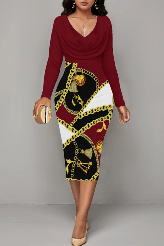 Burgundy Casual Print Patchwork V Neck Wrapped Skirt Dresses