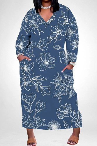 Tibetan Blue Casual Street Floral Print Pocket Contrast V Neck Printed Plus Size Dresses