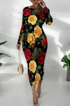 Red Yellow Casual Print Patchwork O Neck Wrapped Skirt Dresses