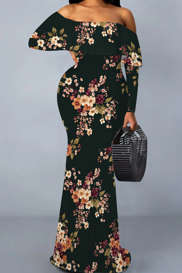Multicolor Casual Print Patchwork Backless Off Shoulder Long Dresses