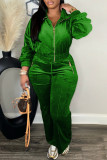 Green Casual Solid Color Patchwork Zipper Collar Long Sleeve Two Pieces