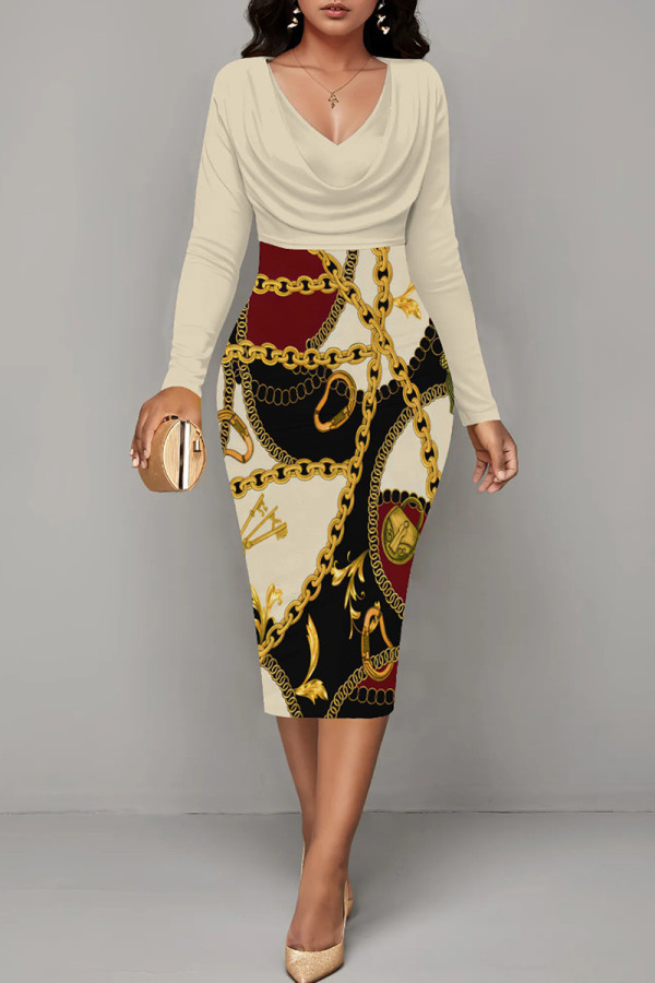 Light Yellow Casual Print Patchwork V Neck Wrapped Skirt Dresses