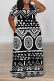 Black Casual Street Geometric Print Pocket Contrast POLO collar Printed Plus Size Dresses