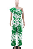 Green Casual Print Patchwork Backless Ruffled Trim Oblique Collar Loose Jumpsuits