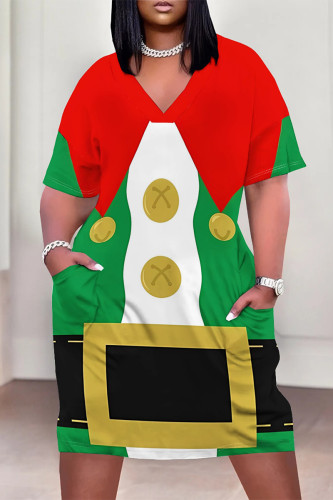 Green Red Casual Party Wapiti Santa Claus Print Pocket Contrast V Neck Printed Plus Size Dresses