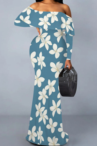 Blue White Casual Print Patchwork Backless Off Shoulder Long Dresses