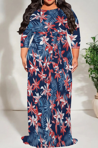 Tibetan Blue Casual Print Patchwork Strap Design O Neck Long Plus Size Dresses