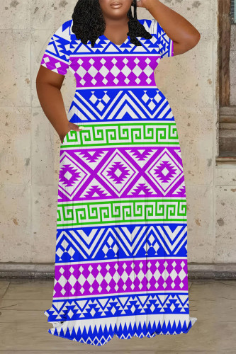 Blue Purple Casual Street Geometric Print Pocket Contrast POLO collar Printed Plus Size Dresses