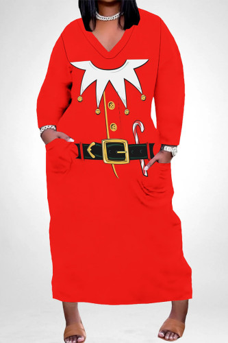 Red Casual Party Santa Claus Print Pocket Contrast V Neck Plus Size Dresses