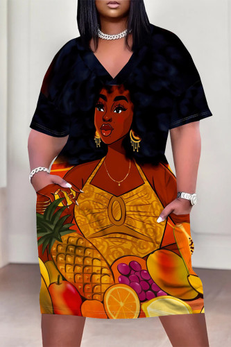 Black Casual Street Cartoon Print Pocket Contrast V Neck Printed Plus Size Dresses