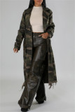 Dark Green Casual Camouflage Print Ripped Buttons With Belt Turndown Collar Outerwear