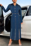 Deep Blue Casual Solid Color Buttons Slit Beading Turndown Collar High Waist Fitted Denim Dresses