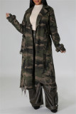 Dark Green Casual Camouflage Print Ripped Buttons With Belt Turndown Collar Outerwear