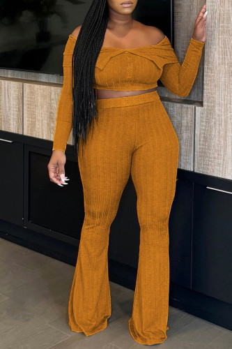 Yellow Casual Solid Color Patchwork Off Shoulder Long Sleeve Two Pieces