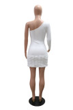 White Sexy Party Solid Color Patchwork Backless Oblique Collar Wrapped Skirt Dresses