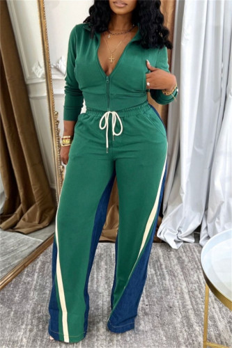 Green Casual Sportswear Daily Patchwork Contrast Zipper Collar Long Sleeve Two Pieces