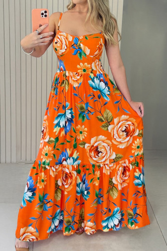 Tangerine Red Elegant Print Patchwork Backless Spaghetti Strap Sling Dresses