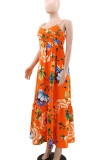 Tangerine Red Elegant Print Patchwork Backless Spaghetti Strap Sling Dresses