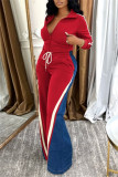 Red Casual Sportswear Daily Patchwork Contrast Zipper Collar Long Sleeve Two Pieces